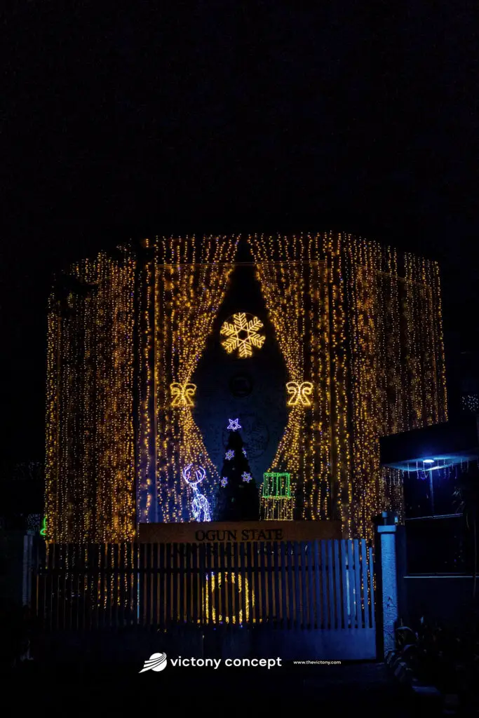 Golden fairy light curtains with glowing snowflake and butterfly ornaments and a lit Christmas tree at night